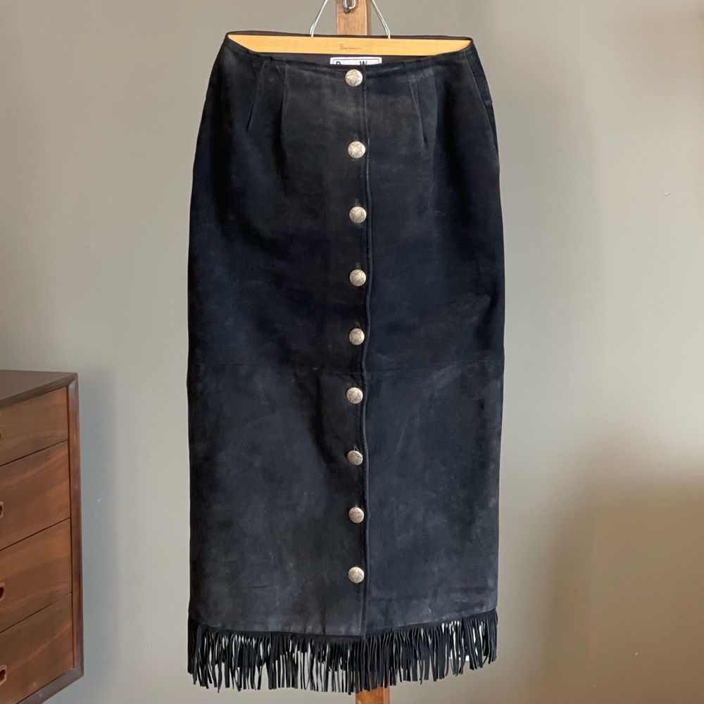 Gorgeous Vintage Black Leather
Suede Button-down Fringe Skirt
